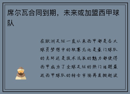 席尔瓦合同到期，未来或加盟西甲球队