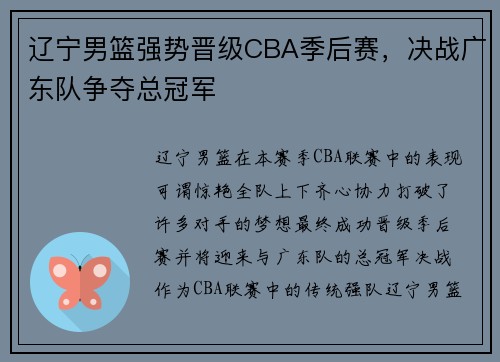 辽宁男篮强势晋级CBA季后赛，决战广东队争夺总冠军